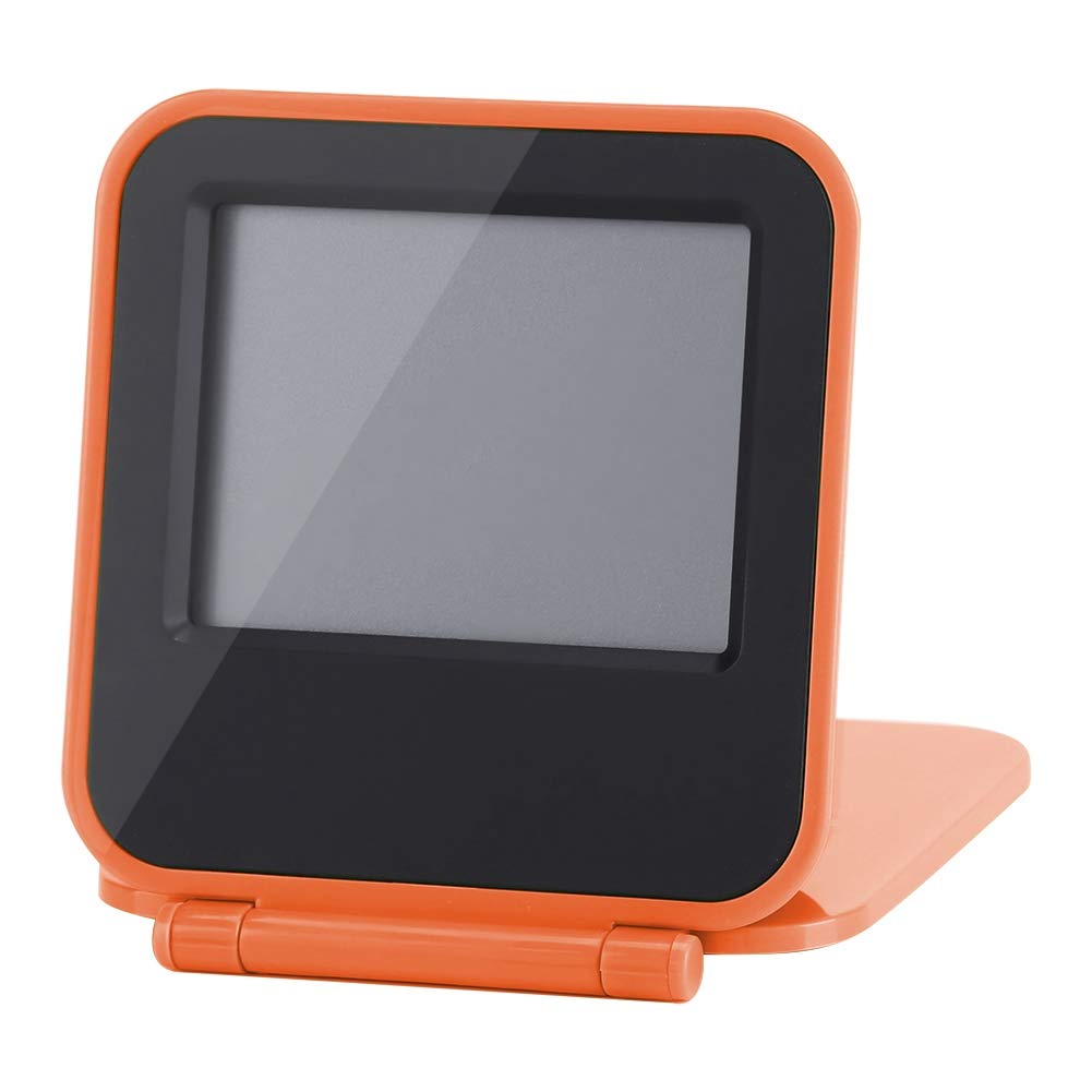 Ymiko Digitaler Reisewecker, Faltbarer tragbarer Mini-Weckkalender Temperatur- und Timer-LCD-Uhr mit Schlummermodus mit weicher Blauer Hintergrundbeleuchtung, kompakte Schreibtischuhr für (Orange)