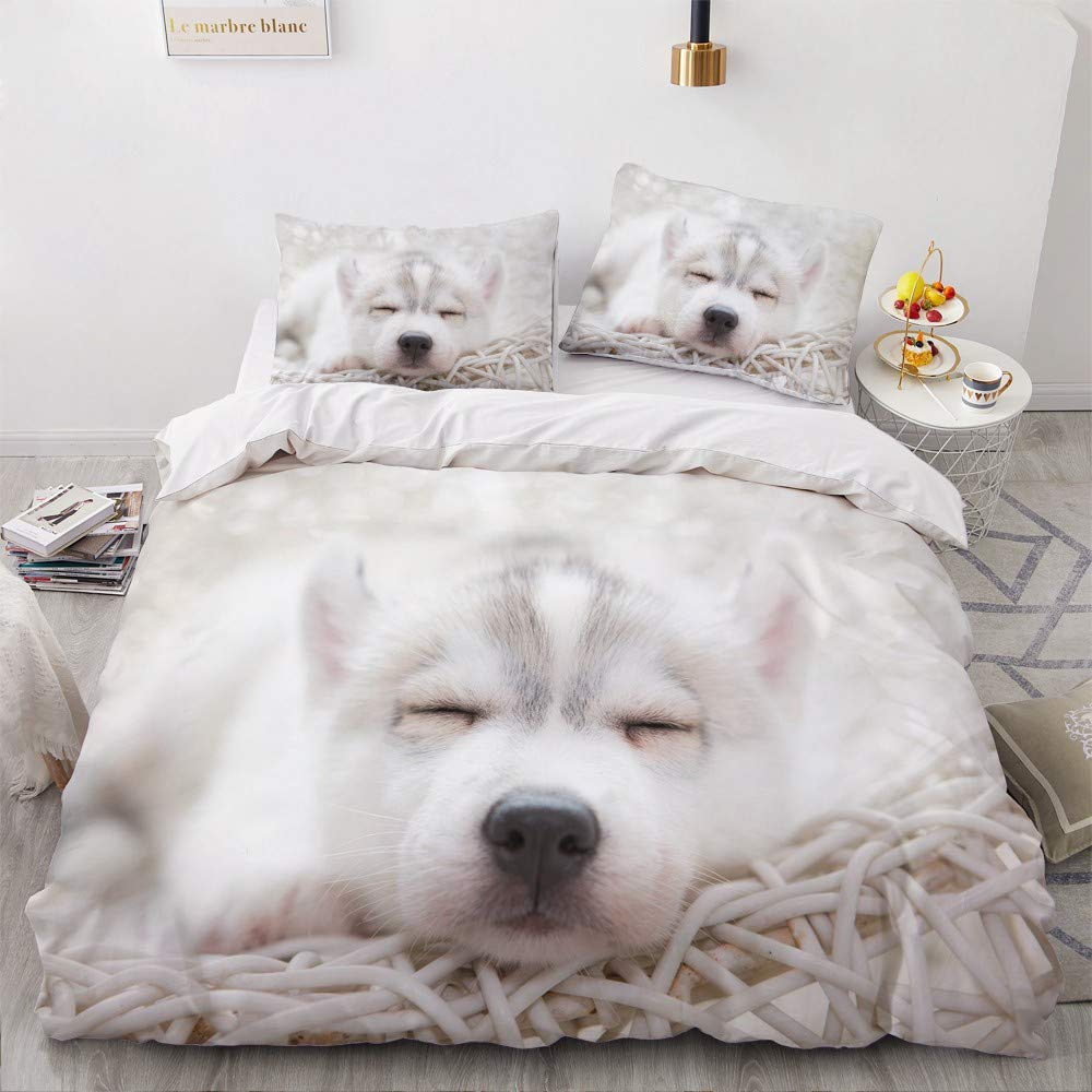 YASMENG Bettwäsche Hundemotiv 155x220 Kinder Jungen Husky Weiß 3D Bettwäsche Weich Mikrofaser Bettwäsche 3 Teilig für Jugendliche Kinder Zimmer Deko mit Reißverschluss und 2 Kissenbezüge 80x80 cm