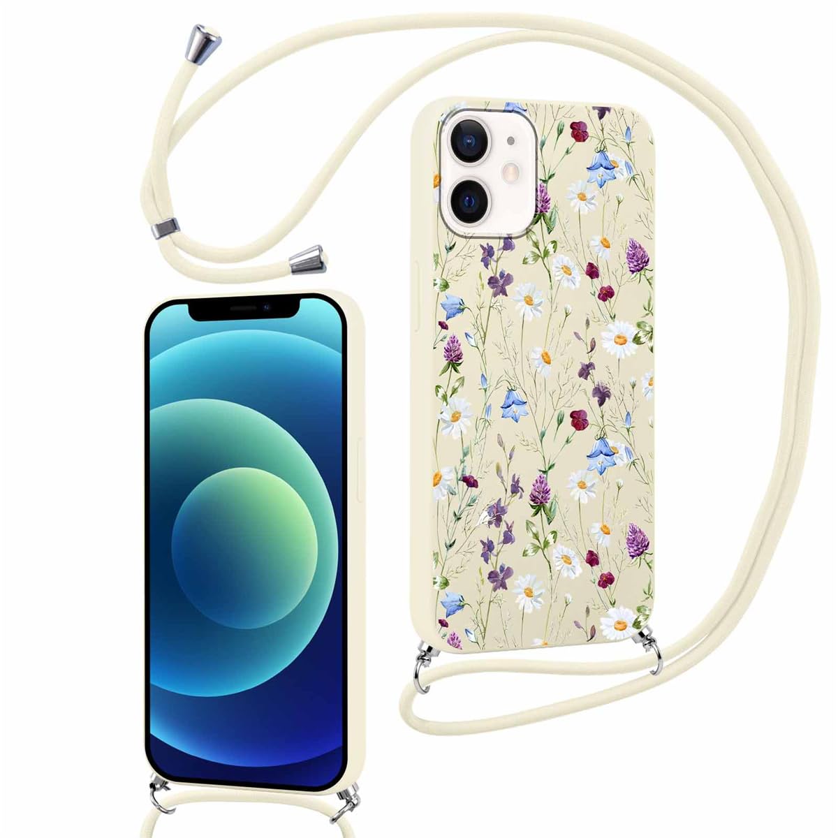 Yoedge Schutzhülle für iPhone 12 Mini mit Kordel, 5,4 Zoll, dünn, weich, Silikon, TPU, mit ästhetischem Motiv, stoßfest, Bumper mit verstellbarem Umhängeband, für iPhone 12 Mini, Blume 2