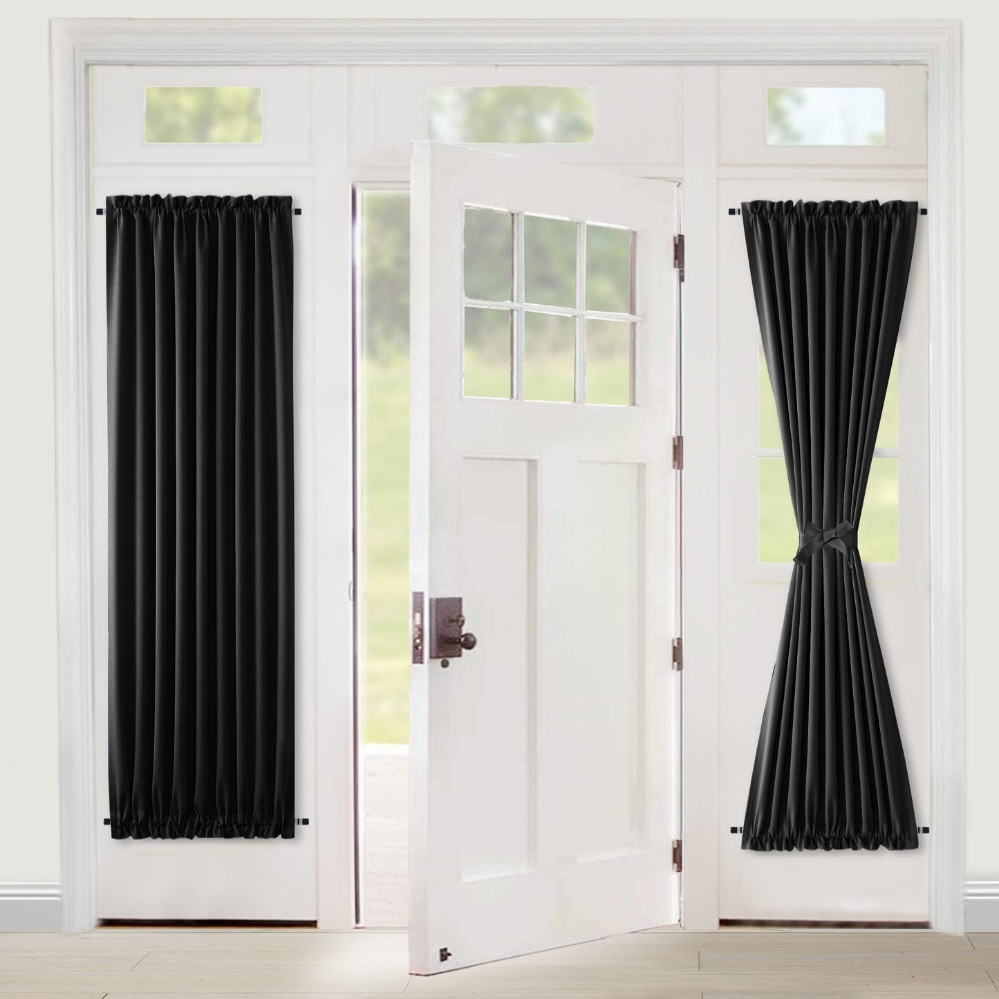 XWZO Französische Blickdichte Türvorhänge Küchengardine Modern Türgardine Balkontür Taschen Vorhang Verdunklungsvorhänge mit Raffhalter,1Stück,Schwarz,H183cm X B137cm(W54 X L72)
