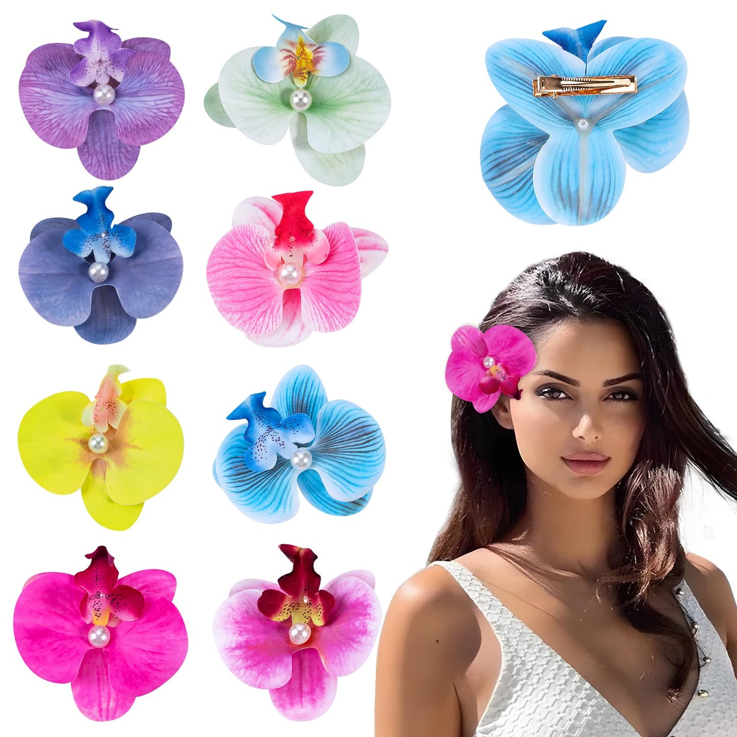 8 Stück Haarspangen mit Hawaiianischen Blumen, Böhmische Haarnadel mit Schmetterlingsorchidee, Künstliche Phalaenopsis Blumen Clips mit Perlen für Urlaub Strandparty Hochzeit Strand