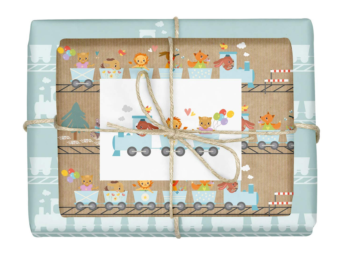 4x Geschenkpapier Eisenbahn + Zug-Postkarte für Kinder und Babys: doppelseitige Bögen DIN A2 (Öko, Recycling-Papier) | Für Jungen und Mädchen | Dampflokomotive/Geburtstagszug