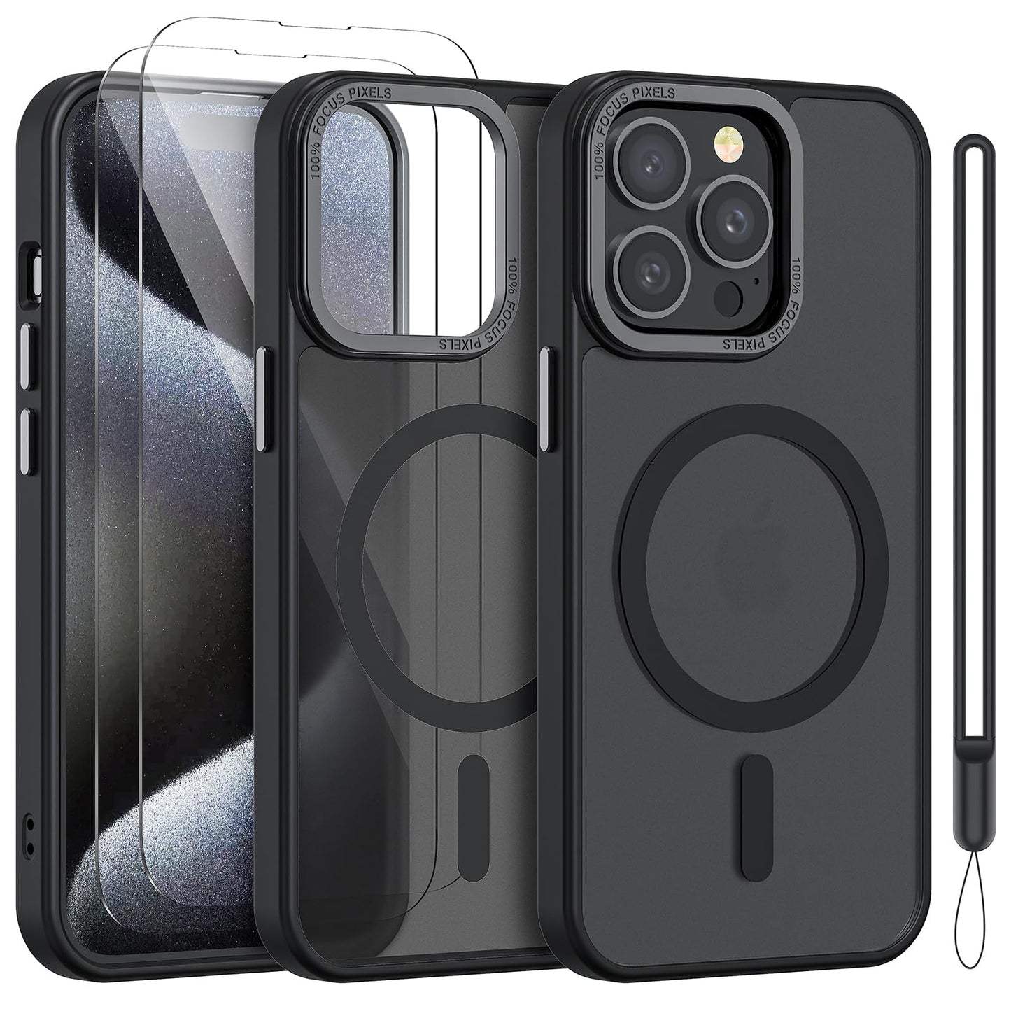 YIRSUR Hülle für iPhone 15 Pro Max mit 2 Stück Schutzfolie, Kompatibel mit Mag Safe, Magnetisch iPhone 15 Pro Max Handyhülle Transluzent Matt Dünn Stoßfest Case mit Handschlaufe, Schwarz