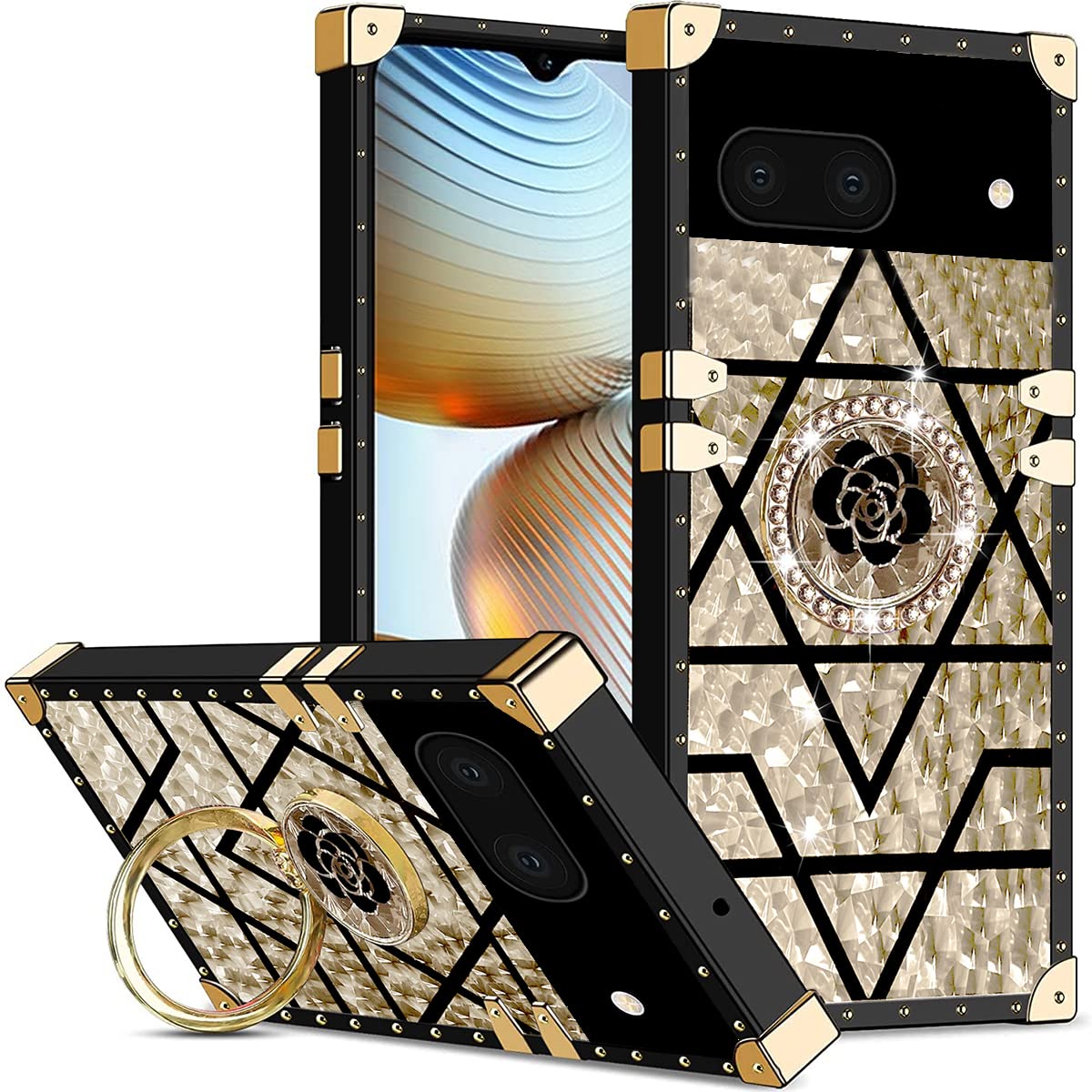Ysnzaq Square Hülle für Google Pixel 6A, Weiche TPU Luxus Elegant Metal Decoration Mädchen Frauen mit Ständer Stoßfest Bumper Handyhülle für Google Pixel 6A.BF Square Gold