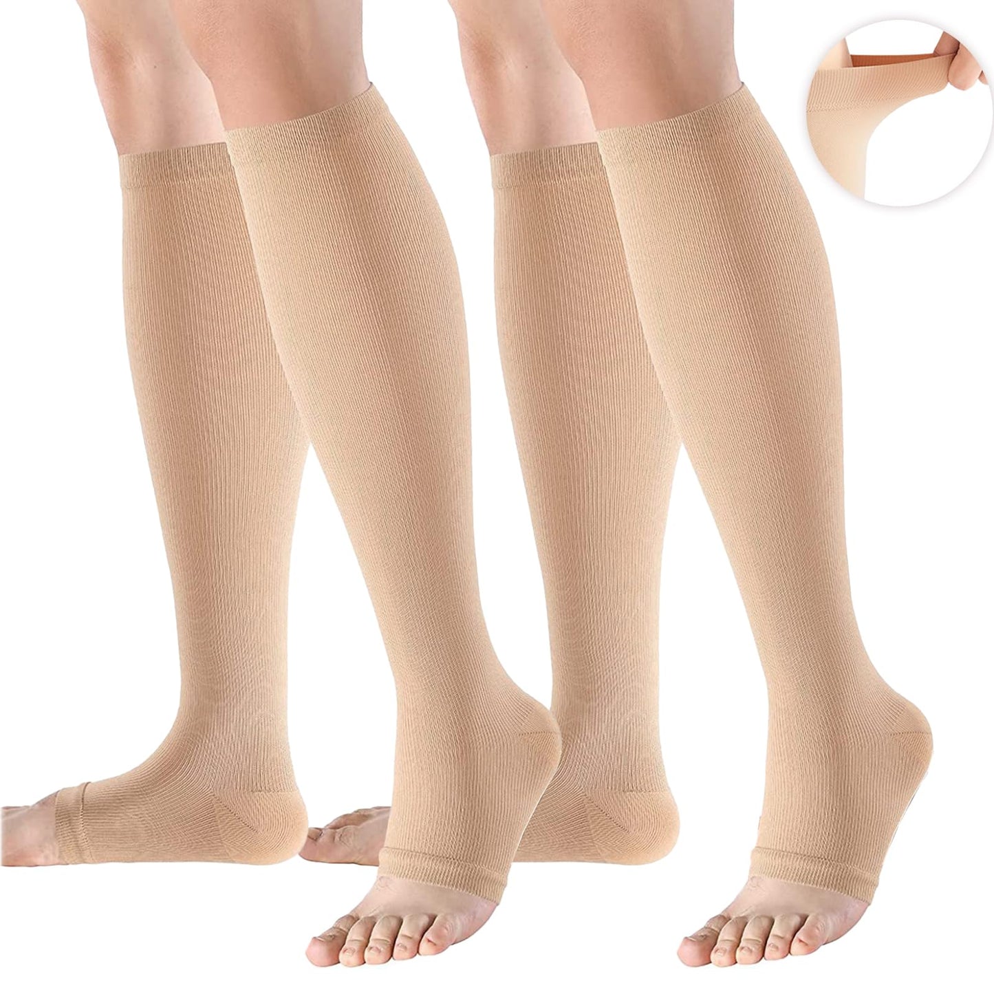 2 Paar Kompressionsstrümpfe Damen,Kompressionsstrumpf,Compression Socks,Medizinische Kompressionsstrümpfe,Offene Spitze,Abgestufte Unterstützung,Geeignet für Krampfadern,Ödeme Usw (Hautfarbe,L/XL)