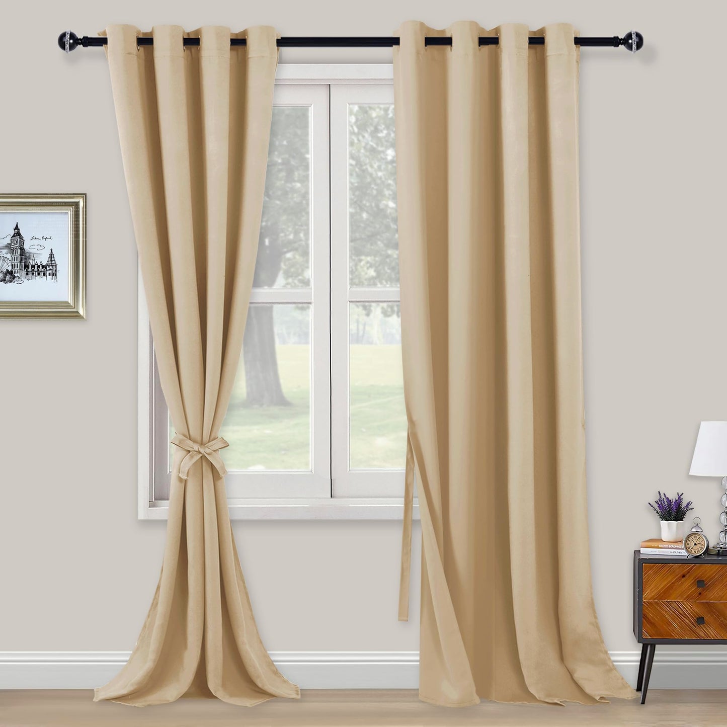 XWZO Blickdichte Vorhänge Verdunklungsvorhänge mit Ösen 2 Stücke Gardienen mit Raffhalter Lichtundurchlässige Vorhänge für Schlafzimmer,WonhzimmerBüro, 245x140 cm, Beige