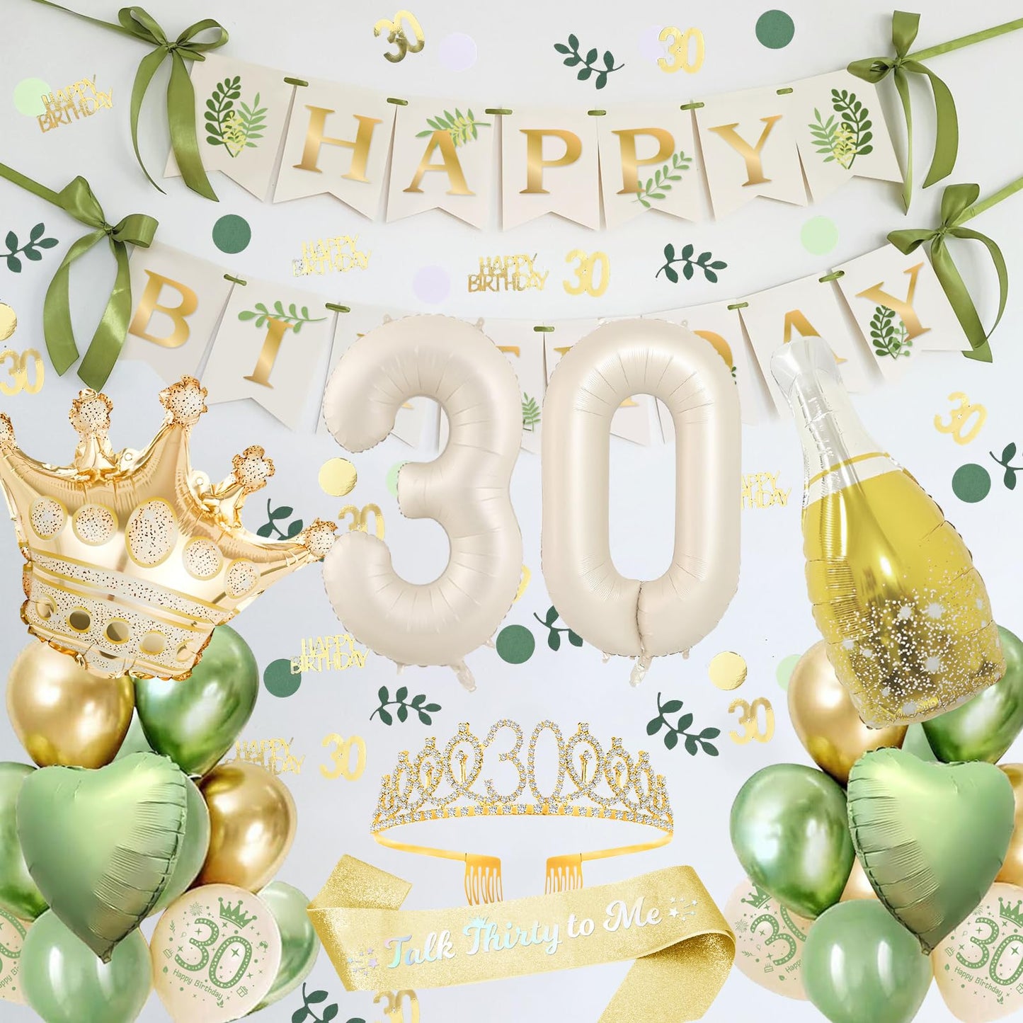 30 Geburtstag Deko, 30. Geburtstag Männer Frauen Dekorationen Banner, Grün und Gold Party Dekoration Set mit 30. Geburtstag Luftballons, Gold 30. Schärpe und Tiara, Konfetti 30. Geburtstag Deko