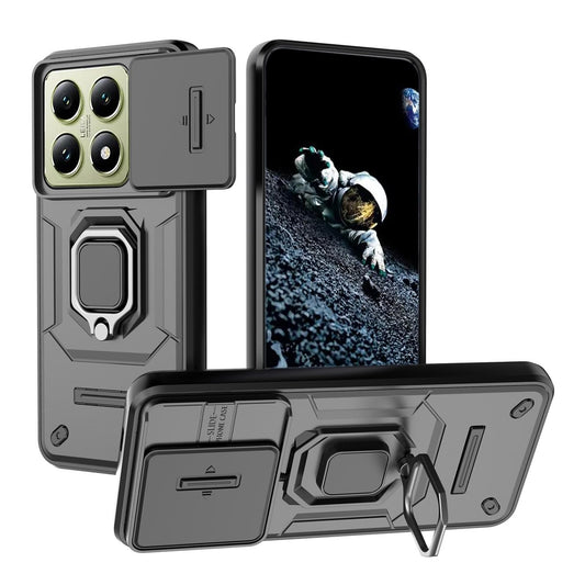 YUECXIN Hülle für Xiaomi 14T Pro mit Kameraabdeckung und 360° Drehen Ring Ständer, Hart PC Back＆Weiche TPU Bumper Silikon Stoßfest Rüstung Case Schutzhülle, Schwarz