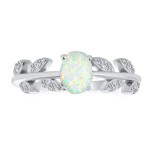 Zierliche Edelstein Oval Weiß Erstellt Opal Center Kubischer Zirkon Offene Blätter Blatt CZ Akzent Ring Western-Schmuck Für Frauen .925 Sterlingsilber Oktober Geburtsstein