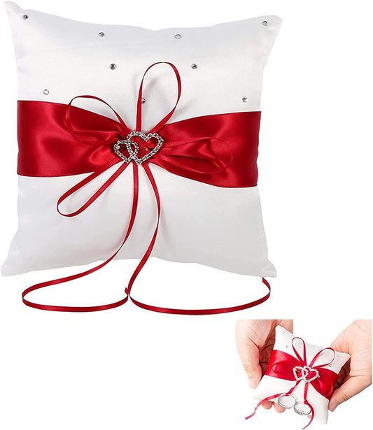 Zerodis Band Ehering Kissen Bowknot Ring Inhaber Inhaber Kissen Kissen mit doppelten Herzen 8 x 8 Zoll(rot)