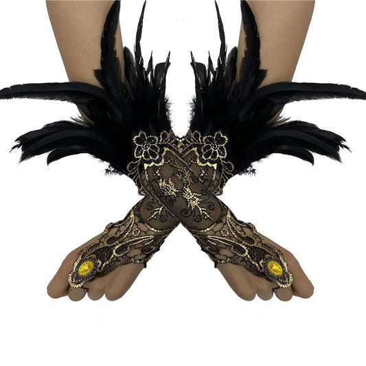1 Paar Vintage Feder Handschuhe,Gothic Feder Manschetten Armbänder,Damen Feder Spitze Fingerlose Lange Handschuhe 20er Jahre mit Federn Spitzenhandschuhe für Hochzeit Party Halloween Maleficent Kostüm
