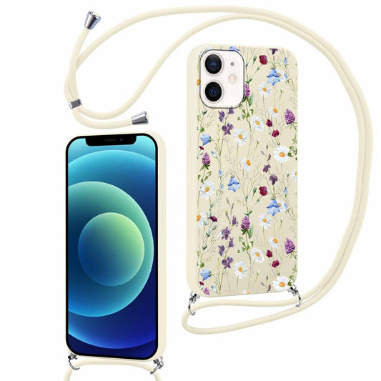 Yoedge Schutzhülle für iPhone 12 Mini mit Kordel, 5,4 Zoll, dünn, weich, Silikon, TPU, mit ästhetischem Motiv, stoßfest, Bumper mit verstellbarem Umhängeband, für iPhone 12 Mini, Blume 2