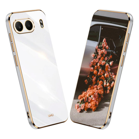 YUECXIN Hülle für OnePlus Nord 4, Ultra Dünn Weich Silikon TPU Handyhülle, Klassischer Gnade Galvanisierter Goldrahmen Stoßfeste Sturzsichere Schutzhülle, Weiß