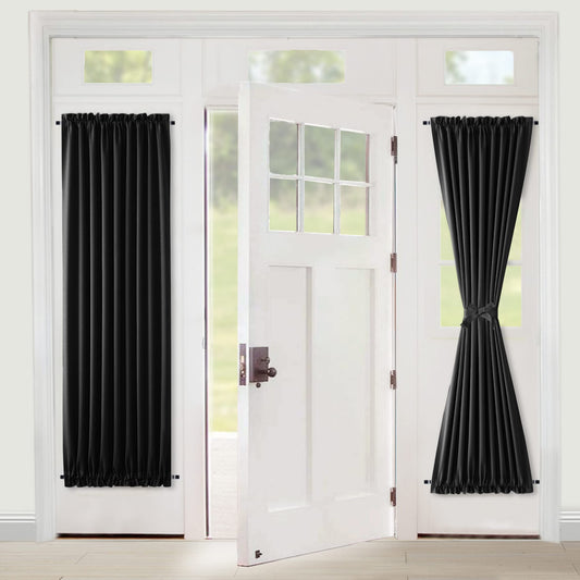 XWZO Französische Blickdichte Türvorhänge Küchengardine Modern Türgardine Balkontür Taschen Vorhang Verdunklungsvorhänge mit Raffhalter,1Stück,Schwarz,H183cm X B137cm(W54 X L72)