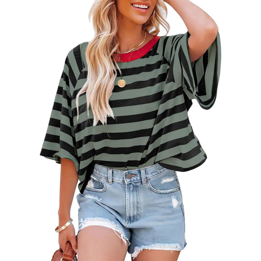 YNIQUE Damen T-Shirt Rundhals Gestreift Oberteile Damen Sommer-Farbblockier-Design, Lockeres Basic-T-Shirt, 3/4 Arm Bluse Tunika Tee Tops, grün, X-Large