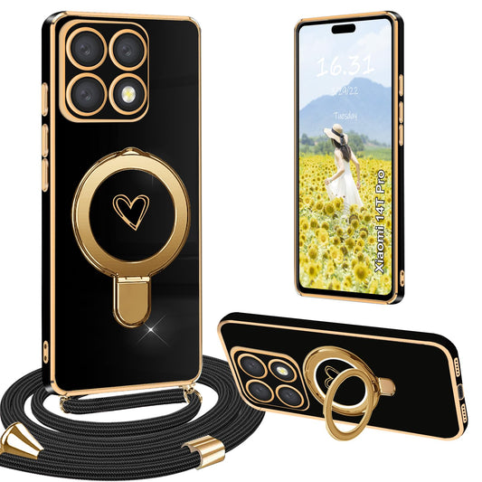 Yutwo Handykette Xiaomi 14T Pro Hülle mit Band, Handyhülle für Xiaomi 14T Pro mit Band Hülle Ständer mit Love Herz Schutzhülle, Schwarz