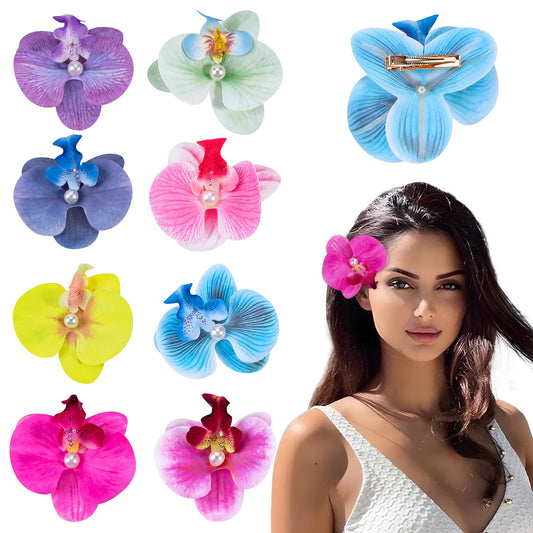 8 Stück Haarspangen mit Hawaiianischen Blumen, Böhmische Haarnadel mit Schmetterlingsorchidee, Künstliche Phalaenopsis Blumen Clips mit Perlen für Urlaub Strandparty Hochzeit Strand