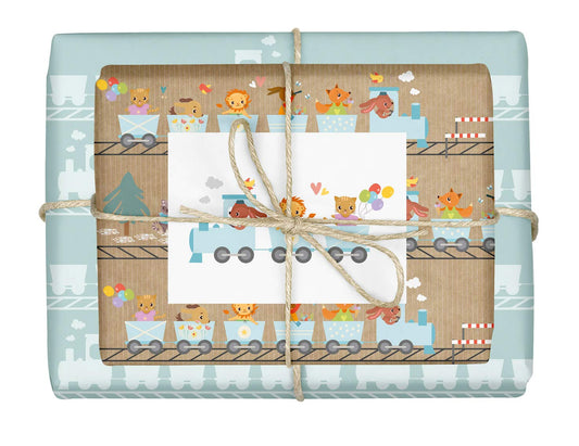 4x Geschenkpapier Eisenbahn + Zug-Postkarte für Kinder und Babys: doppelseitige Bögen DIN A2 (Öko, Recycling-Papier) | Für Jungen und Mädchen | Dampflokomotive/Geburtstagszug