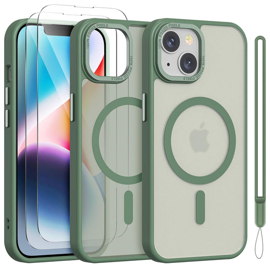 YIRSUR Hülle für iPhone 13 / iPhone 14 mit 2 Stück Schutzfolie, Kompatibel mit Mag Safe, Magnetisch iPhone 13/14 Handyhülle Transluzent Matt Dünn Stoßfest Case mit Handschlaufe, Grün