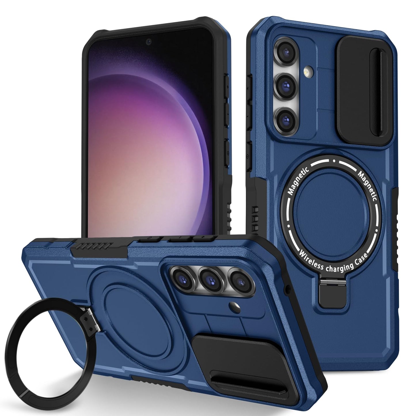YOUULAR Ringhalter Schiebefenster Magnetische Handyhülle für Samsung Galaxy S23 FE hülle,[Handyhalter] Matte, stoßfeste Schutzhülle für das Telefon S23 FE Militärhüllen Blau