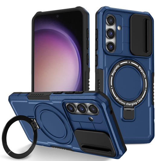YOUULAR Ringhalter Schiebefenster Magnetische Handyhülle für Samsung Galaxy S23 FE hülle,[Handyhalter] Matte, stoßfeste Schutzhülle für das Telefon S23 FE Militärhüllen Blau