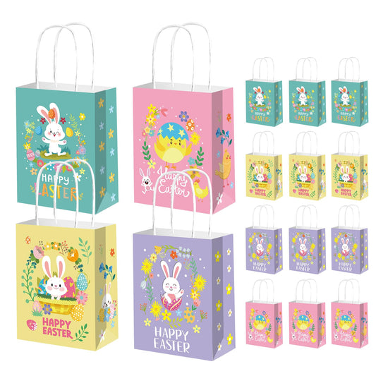 12Pcs Ostern behandeln Taschen mit Griff, Frohe Ostern Geschenktüten für Kinder Ostern Süßigkeiten Taschen Papier Goodie Bag für Kinder Hasen-Ei-Design Ostertüten für Kindergarten, Schule Party Gunst