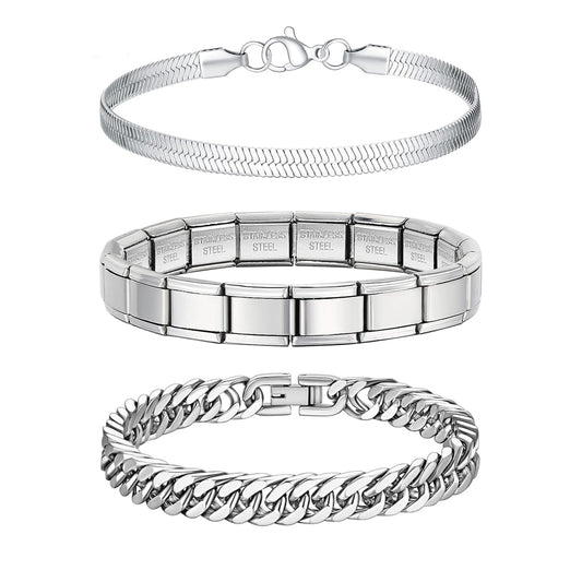 XSDSLS 3 Stück Herren Armband Edelstahl Armband Herren Armband Silber Panzerkette Kubanische Armband Italian Charms Bracelet Schlangenkette Armband Set für Männer Frauen, 19/21/23cm (3Stück 21CM)