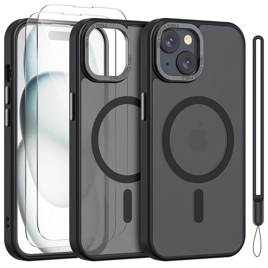 YIRSUR Hülle für iPhone 15 mit 2 Stück Schutzfolie, Kompatibel mit Mag Safe, Magnetisch iPhone 15 Handyhülle Transluzent Matt Dünn Stoßfest Case mit Handschlaufe, Schwarz