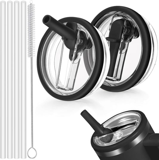 2 Stück Stanley Cup Deckel Auslaufsicher,Deckel für Stanley Cup 40oz,Auslaufsicherer Ersatzdeckel mit 4 Trinkhalmen and 1 Strohhalm Bürste,Ersatzdeckel für 40oz Becher, Stahlseil ummantelt