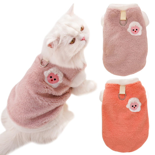 Yaopelky Katzen-Winterkleidung mit D-Ring, für kleine und mittelgroße Hunde, Fleece-Outfit, Tierdruck, Katzenpullover (Orange-Rosa, S)