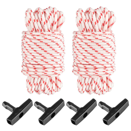 2 Stück Rasenmäher Starter Schnur Seil, 10 Meter Ø3mm Starterseil Rasenmäher Rot/Weiß mit 4 Schwarz Stück Rasenmäher Griff, Rasenmäher Seilzug für Kettensägen, Trimmer, Motorteile