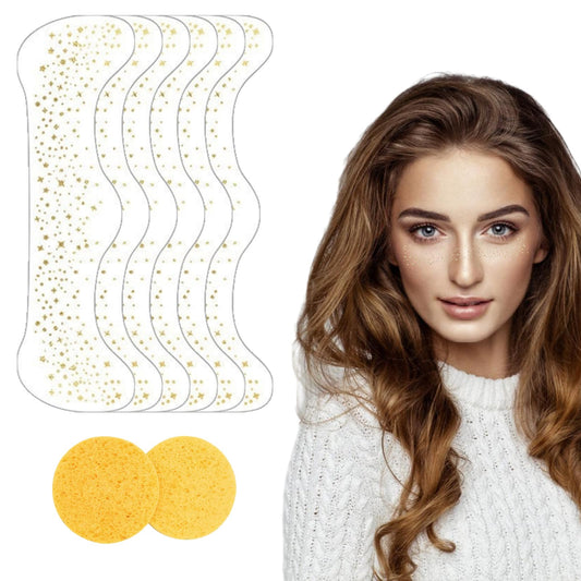 6 Blätter Glitzer Freckles Tattoo Mit 2 Stück Makeup Puderquaste Gesicht Tattoo Sommersprossen Glitzer Tattoo Temporäre Tattoos Wasserfest Make up Patches Glitter Tattoo Folie (Gold-A)