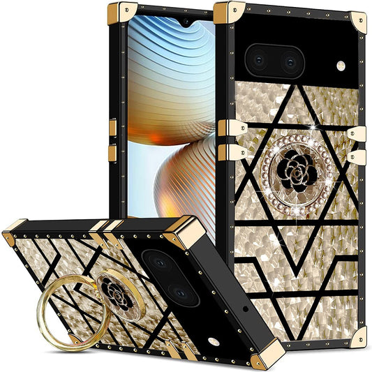 Ysnzaq Square Hülle für Google Pixel 6A, Weiche TPU Luxus Elegant Metal Decoration Mädchen Frauen mit Ständer Stoßfest Bumper Handyhülle für Google Pixel 6A.BF Square Gold