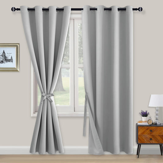 XWZO Blickdichte Vorhänge Verdunklungsvorhänge mit Ösen 2 Stücke Gardienen mit Raffhalter Lichtundurchlässige Vorhänge für Schlafzimmer,WonhzimmerBüro, 214x132 cm, Silber Grau