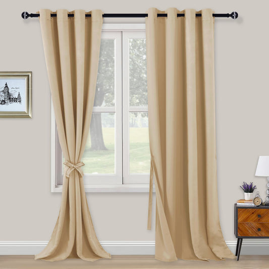XWZO Blickdichte Vorhänge Verdunklungsvorhänge mit Ösen 2 Stücke Gardienen mit Raffhalter Lichtundurchlässige Vorhänge für Schlafzimmer,WonhzimmerBüro, 245x140 cm, Beige