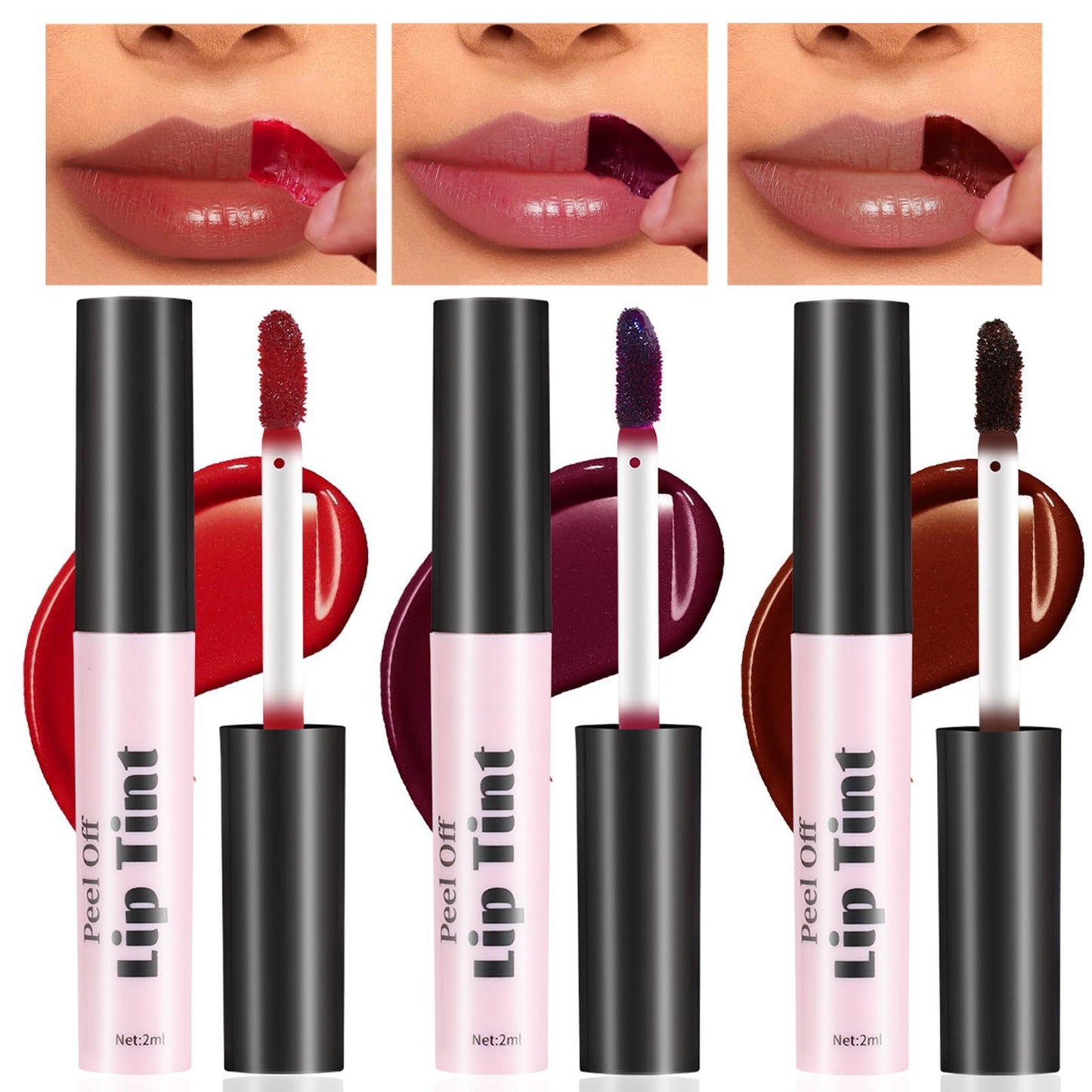 3 Farben Lip Stain Peel Off,Lip Tint Peel Off,Peel Off Lip Stain,Langlebiger Wasserdichter Antihaftbecher,Geeignet für Damen und Mädchen