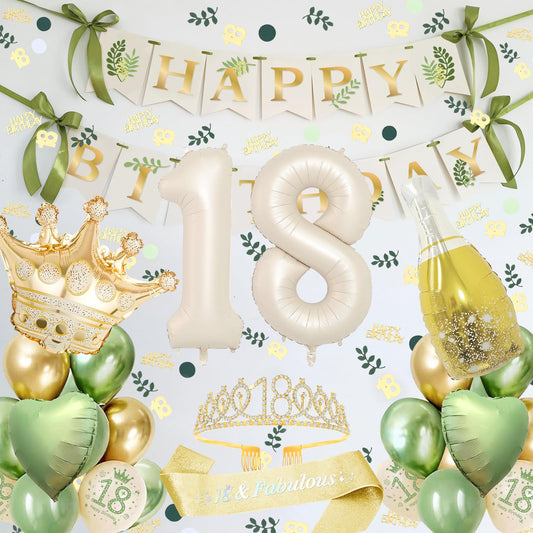 18 Geburtstag Deko, 18. Junge Mädchen Dekorationen Banner, Grün und Gold Party Dekoration Set mit 18. Luftballons, Gold 18. Schärpe und Tiara, Konfetti 18. Deko