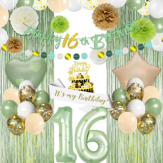 16th Sage Green Geburtstagsdekorationen - Geburtstagsbanner, 16 Ballonnummern, Papier Pompons, Geburtstagskärsche Fransen, Tortenaufleger für Frauen und Mädchen, 16 Geburtstag Dekoration