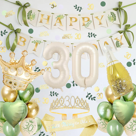 30 Geburtstag Deko, 30. Geburtstag Männer Frauen Dekorationen Banner, Grün und Gold Party Dekoration Set mit 30. Geburtstag Luftballons, Gold 30. Schärpe und Tiara, Konfetti 30. Geburtstag Deko