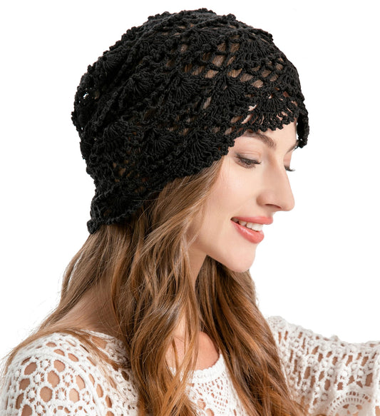 ZLYC Damen Sommer Strickmützen Handgemacht Häkelmütze Slouch Beanie Mütze(Gestricktes Schwarz),Einheitsgröße
