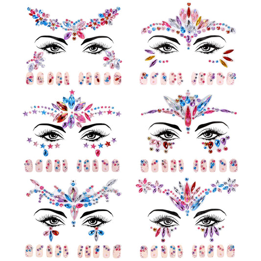 6 Stück Gesicht Temporäre Tattoos, Gesichts Juwelen Aufkleber Edelsteine Kristalle Glitter Schmucksteine Strass Accessoires für Weihnachten Rave Karneval Maskerade Geburtstagsfeier Festival Party