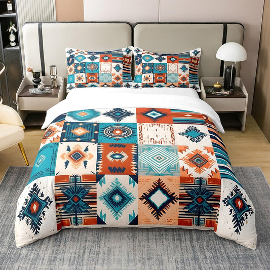 100% Baumwolle Patchwork Südwestern Ethnische Bettwäsche Set 220x240 Western Boho Bettbezug Native Tribal Aztekische Hippie Tröster Abdeckung Westliches Zimmer Exotische Bett Set Geometrische Diamant