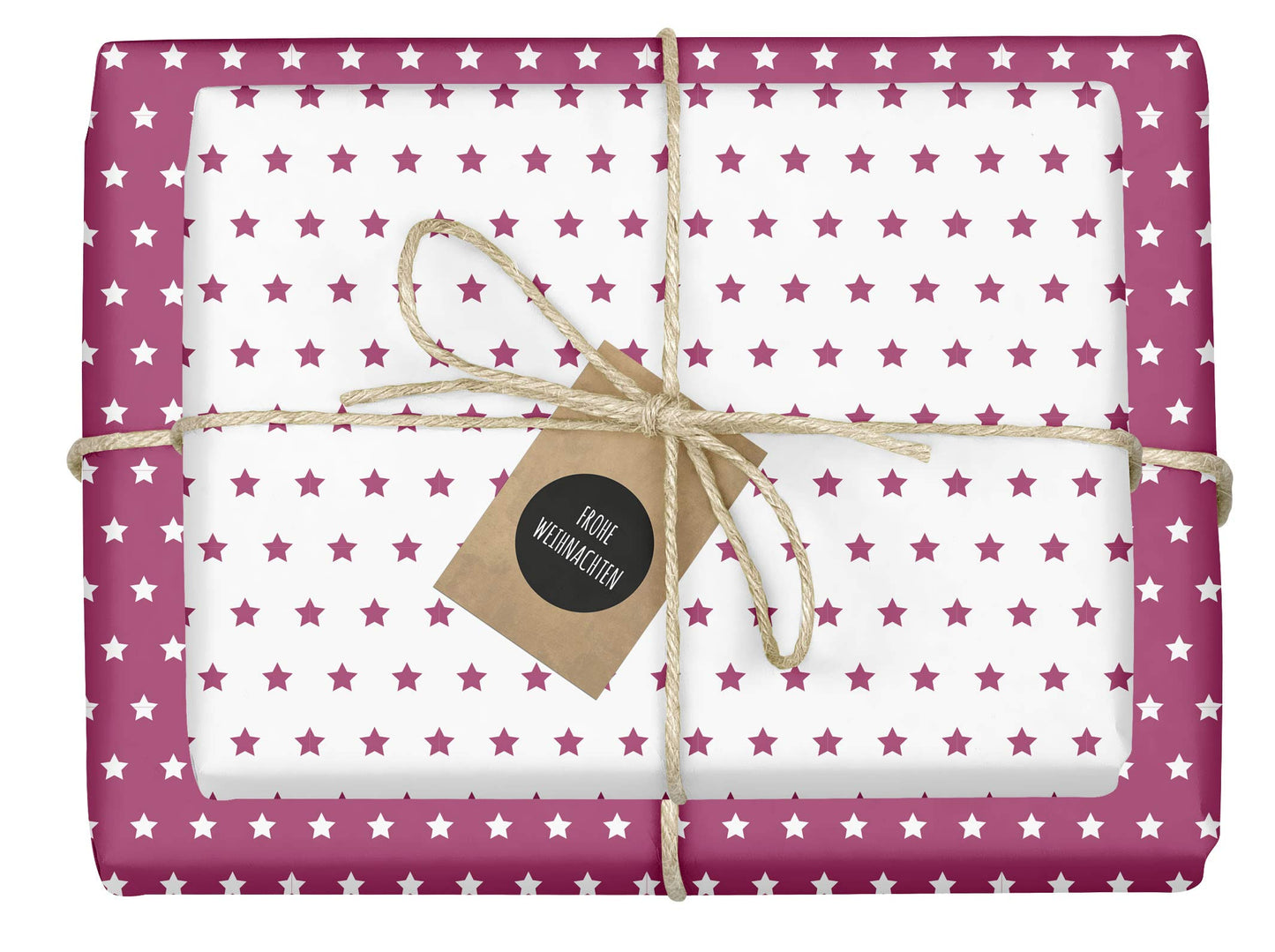 4x zweifarbiges Geschenkpapier "Weihnachten: Sterne lila/pink-weiß" + 4x Anhänger (doppelseitige Bögen DIN A2, Öko-Recycling-Papier)