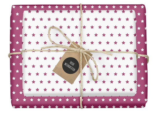 4x zweifarbiges Geschenkpapier "Weihnachten: Sterne lila/pink-weiß" + 4x Anhänger (doppelseitige Bögen DIN A2, Öko-Recycling-Papier)