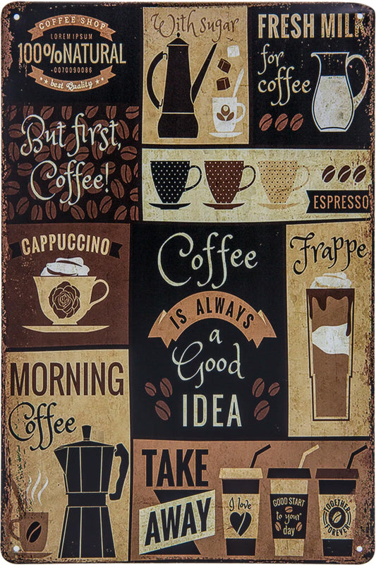 30 x 20 cm Blechschild – Kaffee, Cappuchino, Espresso Übersicht, Rezept, Hinweis Deko Küchenschild