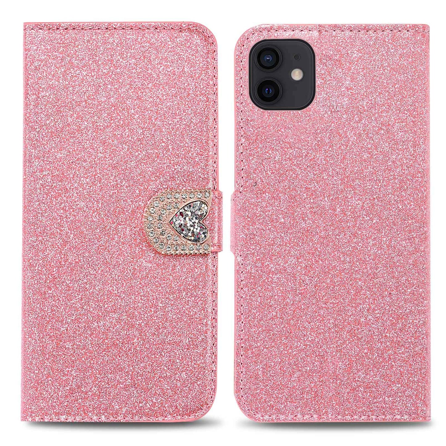 ZCDAYE Kompatibel mit iPhone 12/iPhone 12 Pro Hülle,Magnetische Folio Flip Hülle aus Luxuriösem Glitzer-Leder mit [Liebe Diamant Schnalle] [Kartenfächer] iPhone 12/12 Pro 6.1"-Pink